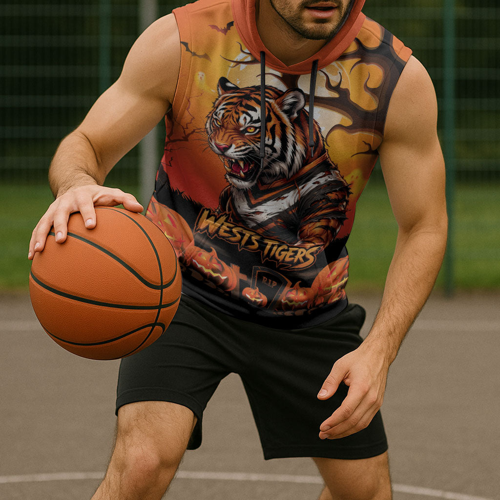Custom Halloween Wests Tigers Sleeveless Hoodie Spooky Australia Mascot Rugby