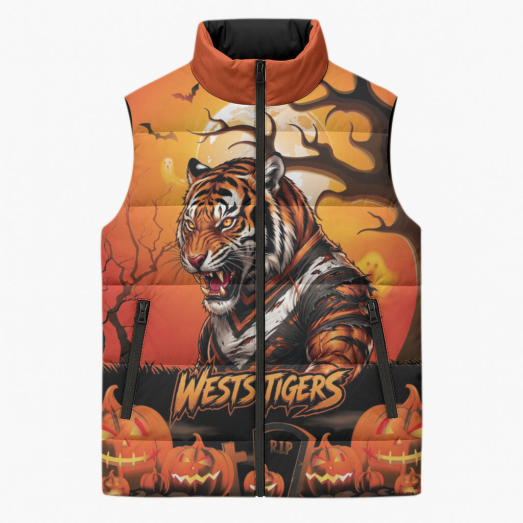 Custom Halloween Wests Tigers Sleeveless Puffer Jacket Spooky Australia Mascot Rugby