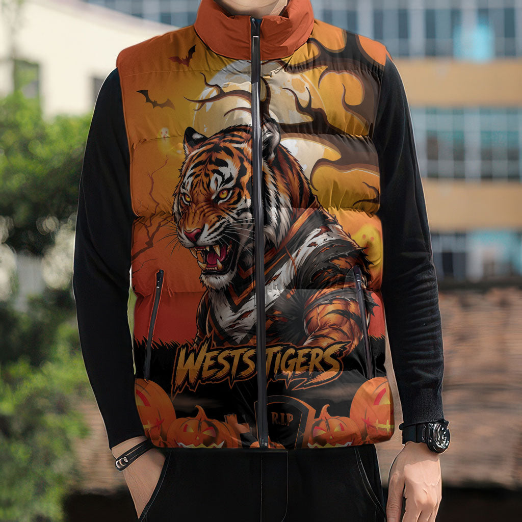 Custom Halloween Wests Tigers Sleeveless Puffer Jacket Spooky Australia Mascot Rugby