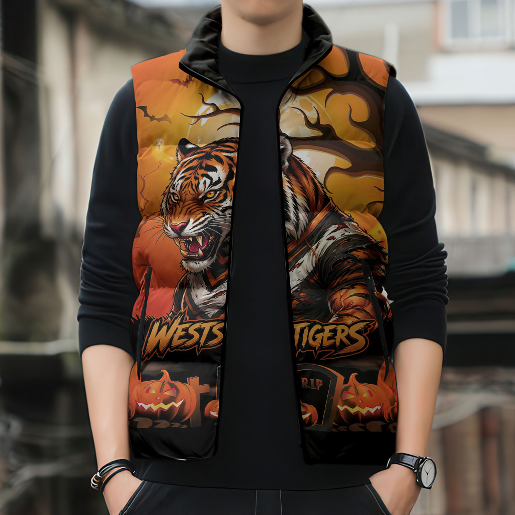 Custom Halloween Wests Tigers Sleeveless Puffer Jacket Spooky Australia Mascot Rugby