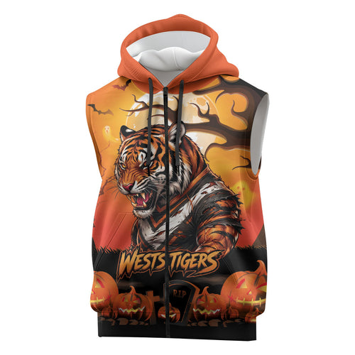 Custom Halloween Wests Tigers Sleeveless Zip Hoodie Spooky Australia Mascot Rugby