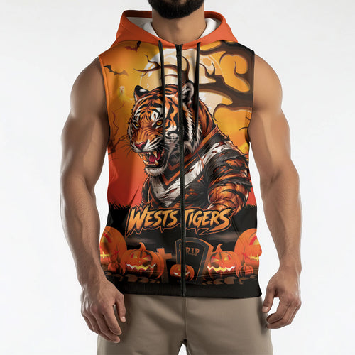 Custom Halloween Wests Tigers Sleeveless Zip Hoodie Spooky Australia Mascot Rugby