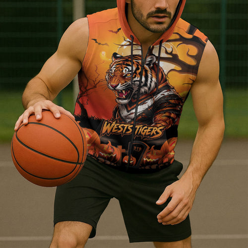 Custom Halloween Wests Tigers Sleeveless Zip Hoodie Spooky Australia Mascot Rugby