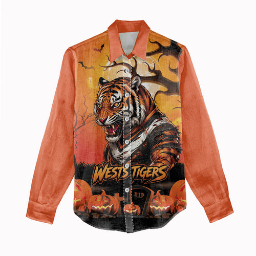 Custom Halloween Wests Tigers Women Casual Shirt Spooky Australia Mascot Rugby