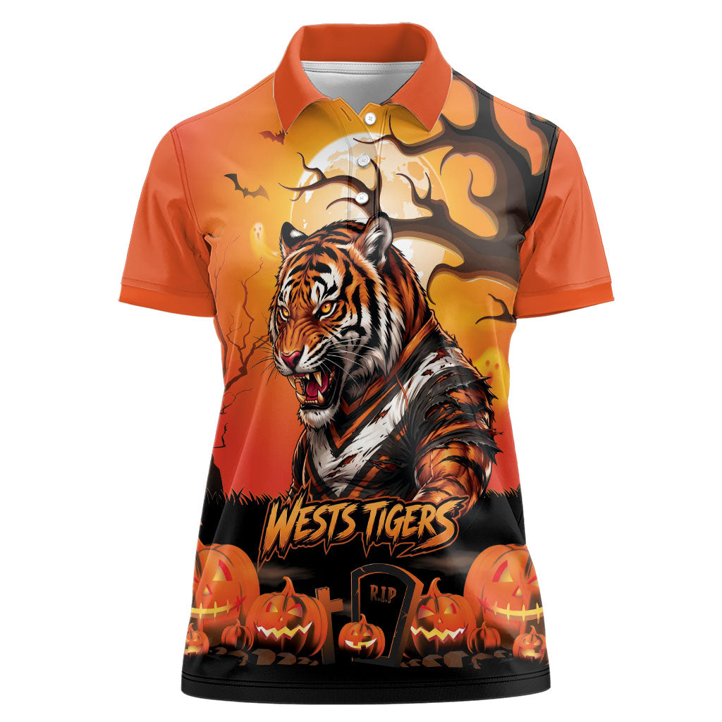 Custom Halloween Wests Tigers Women Polo Shirt Spooky Australia Mascot Rugby