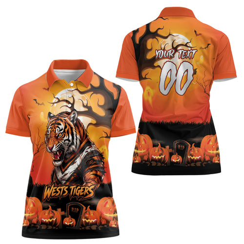 Custom Halloween Wests Tigers Women Polo Shirt Spooky Australia Mascot Rugby