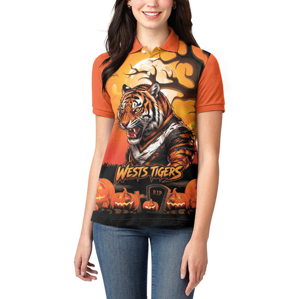 Custom Halloween Wests Tigers Women Polo Shirt Spooky Australia Mascot Rugby