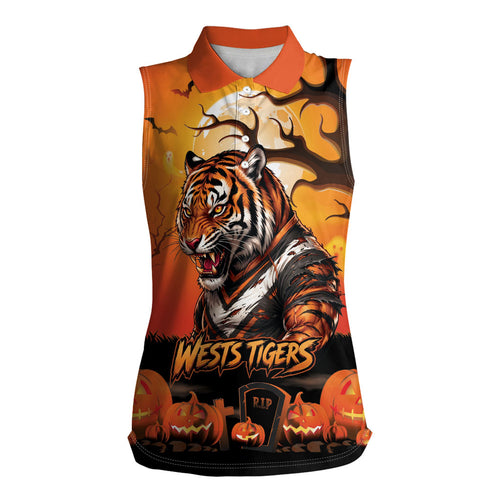 Custom Halloween Wests Tigers Women Sleeveless Polo Shirt Spooky Australia Mascot Rugby