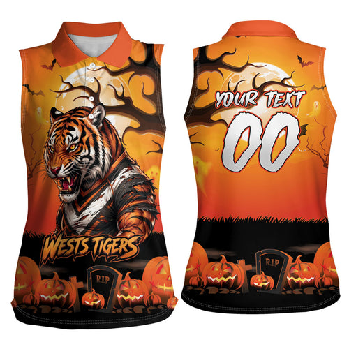 Custom Halloween Wests Tigers Women Sleeveless Polo Shirt Spooky Australia Mascot Rugby