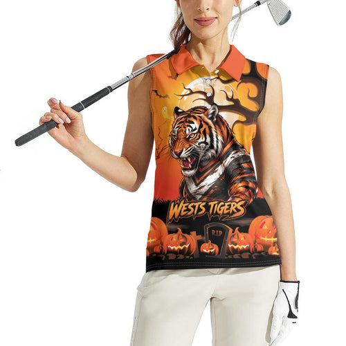 Custom Halloween Wests Tigers Women Sleeveless Polo Shirt Spooky Australia Mascot Rugby
