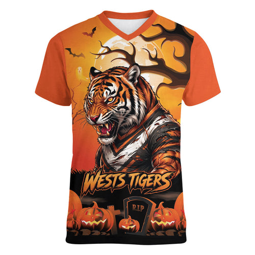 Custom Halloween Wests Tigers Women V-Neck T-Shirt Spooky Australia Mascot Rugby