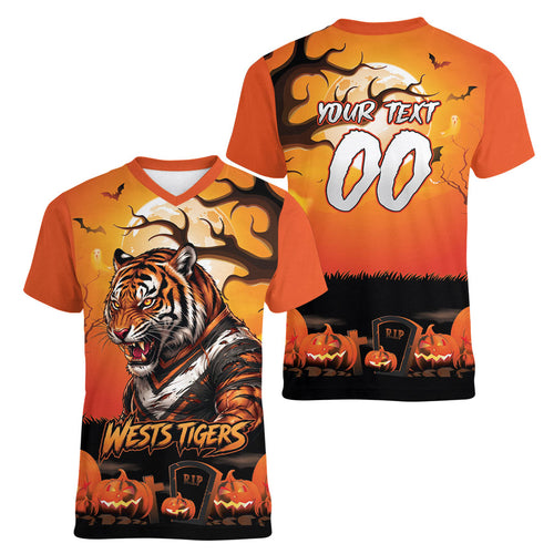 Custom Halloween Wests Tigers Women V-Neck T-Shirt Spooky Australia Mascot Rugby