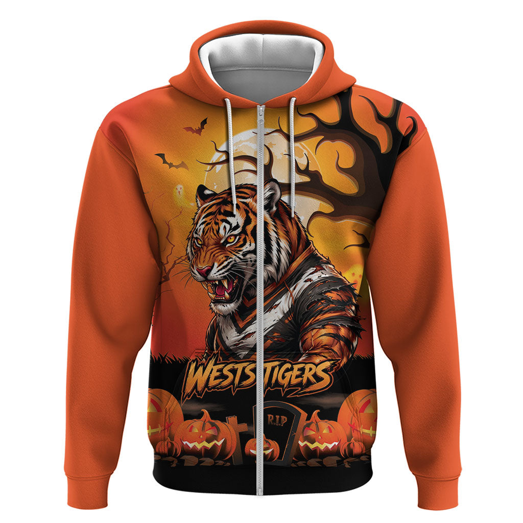 Custom Halloween Wests Tigers Zip Hoodie Spooky Australia Mascot Rugby