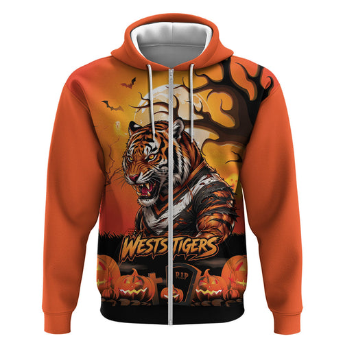 Custom Halloween Wests Tigers Zip Hoodie Spooky Australia Mascot Rugby