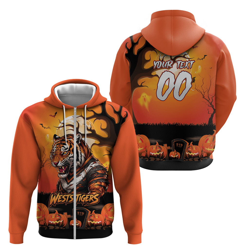 Custom Halloween Wests Tigers Zip Hoodie Spooky Australia Mascot Rugby
