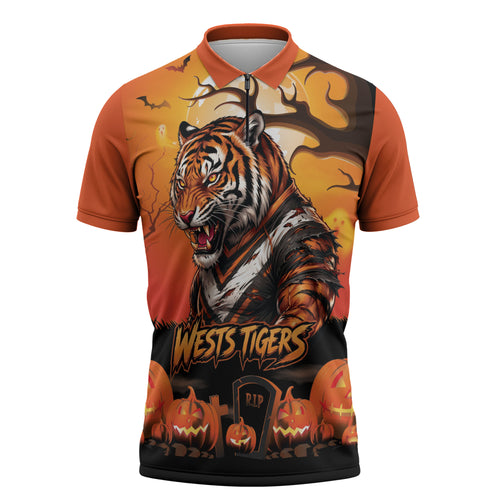 Custom Halloween Wests Tigers Zipper Polo Shirt Spooky Australia Mascot Rugby