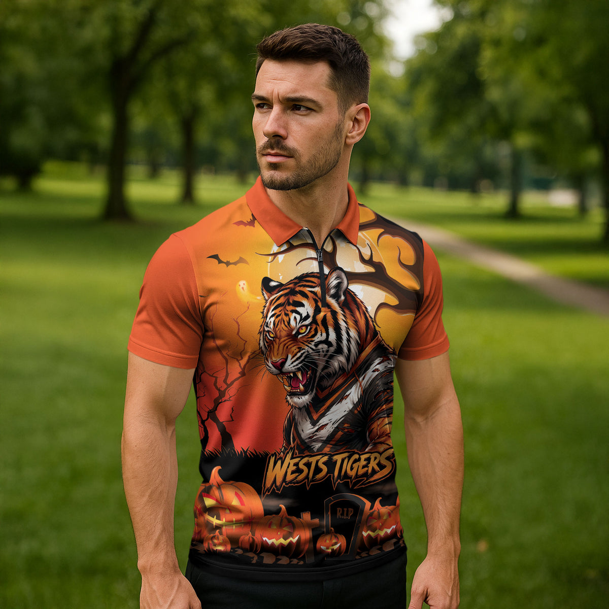 Custom Halloween Wests Tigers Zipper Polo Shirt Spooky Australia Mascot Rugby