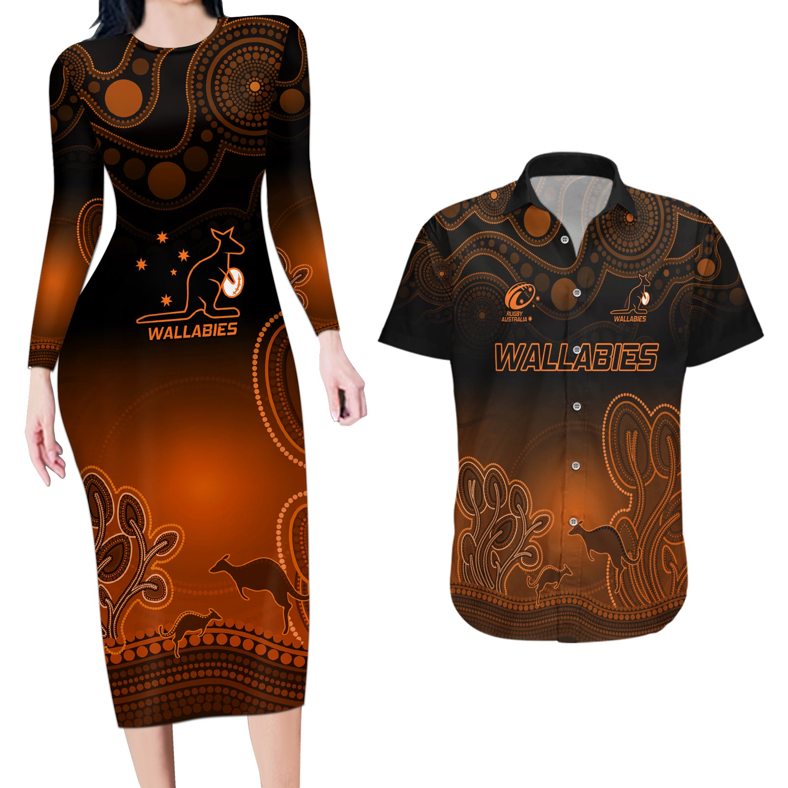 custom-australia-wallabies-rugby-couples-matching-long-sleeve-bodycon-dress-and-hawaiian-shirt-the-starry-night-indigenous