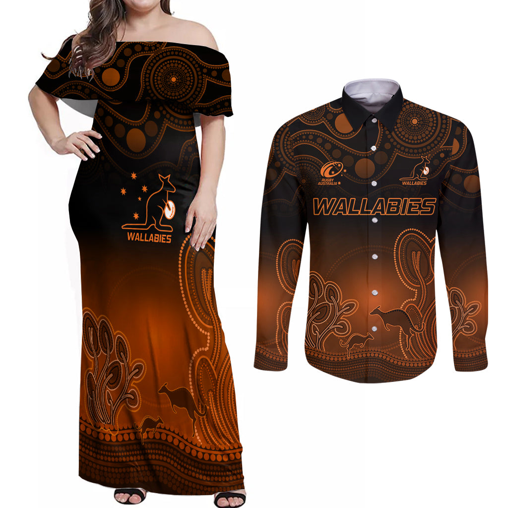 custom-australia-wallabies-rugby-couples-matching-off-shoulder-maxi-dress-and-long-sleeve-button-shirt-the-starry-night-indigenous