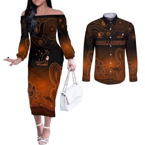 custom-australia-wallabies-rugby-couples-matching-off-the-shoulder-long-sleeve-dress-and-long-sleeve-button-shirt-the-starry-night-indigenous