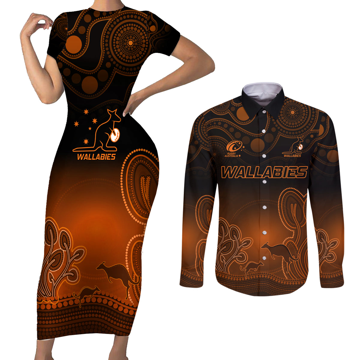 custom-australia-wallabies-rugby-couples-matching-short-sleeve-bodycon-dress-and-long-sleeve-button-shirt-the-starry-night-indigenous