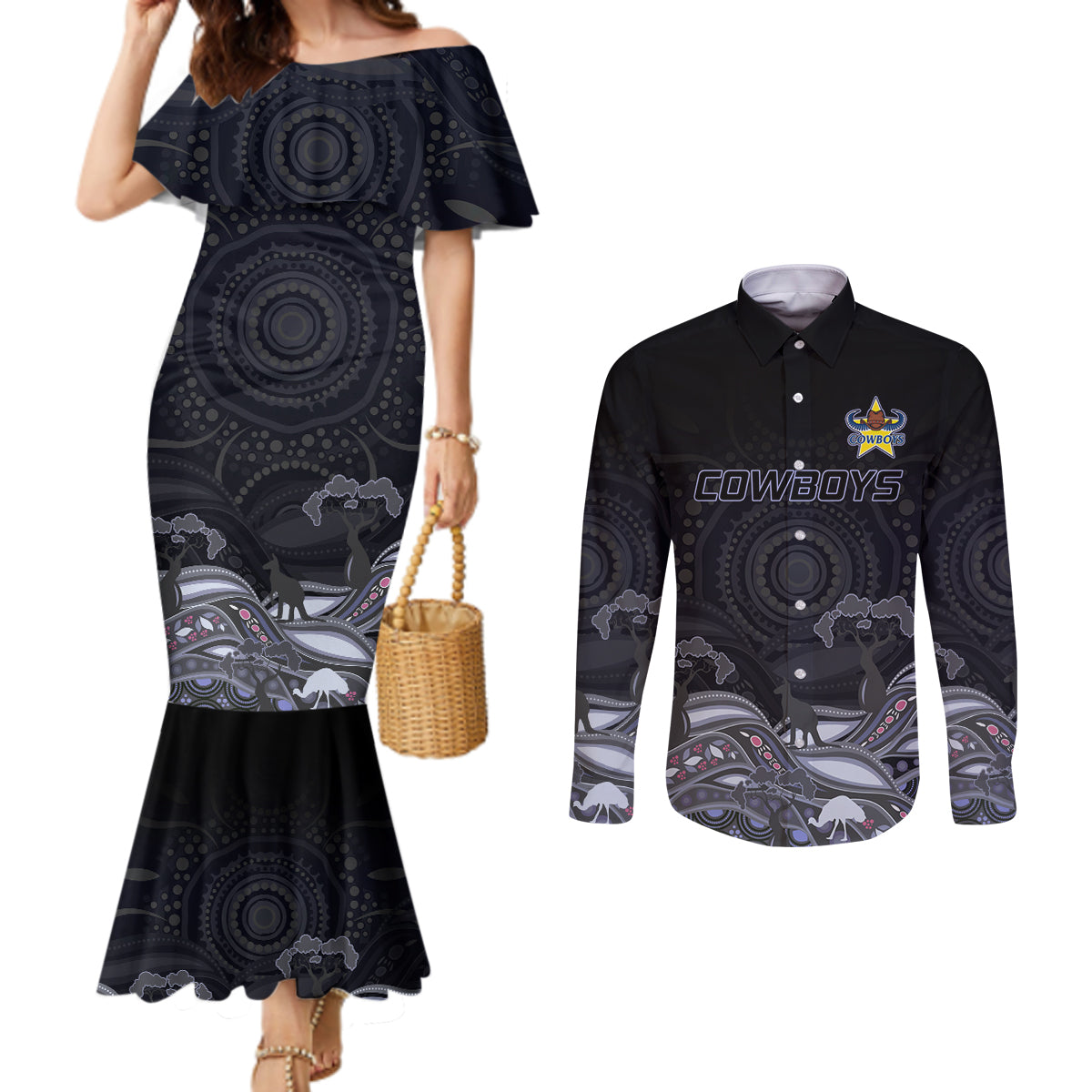 custom-cowboys-rugby-couples-matching-mermaid-dress-and-long-sleeve-button-shirt-the-starry-night-indigenous