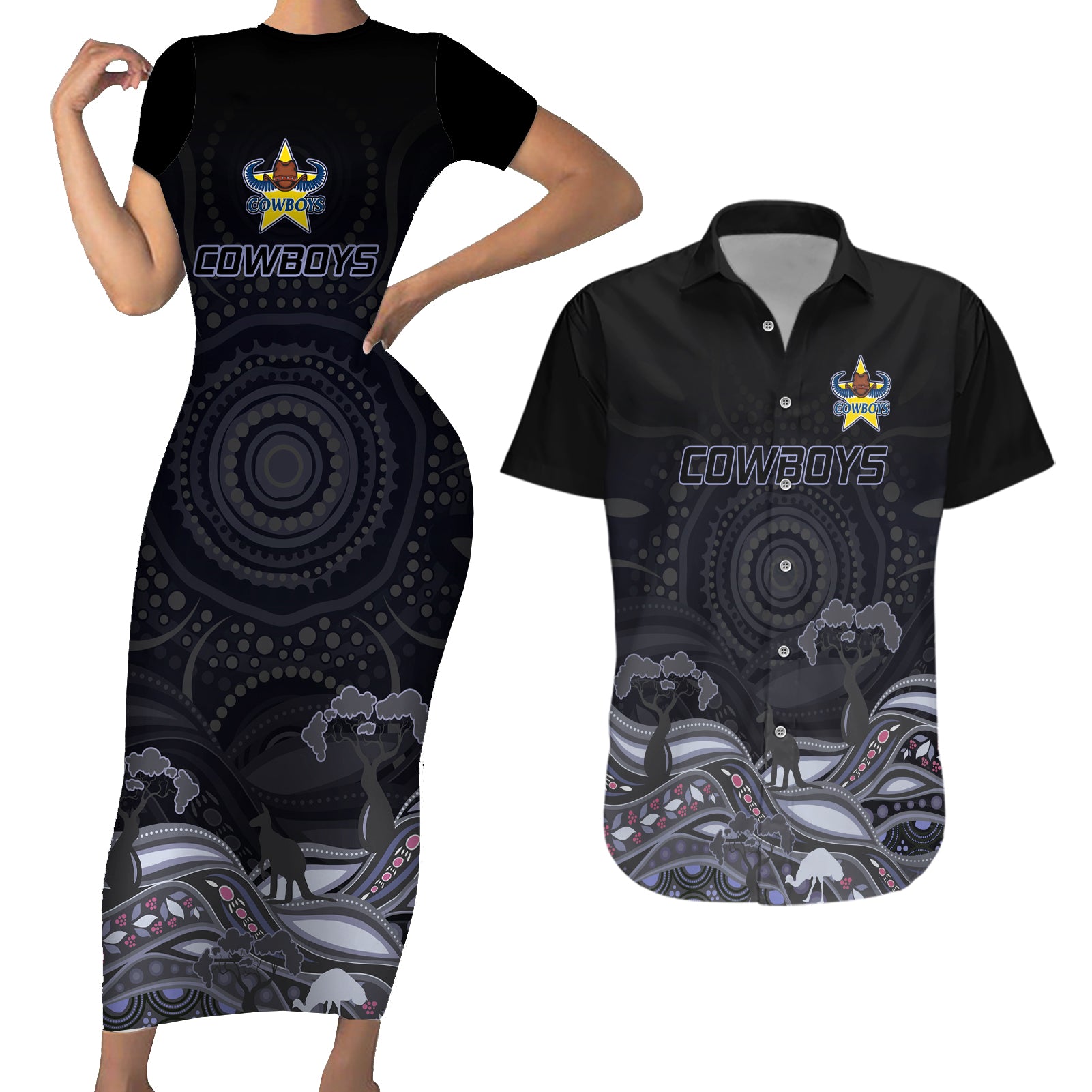 custom-cowboys-rugby-couples-matching-short-sleeve-bodycon-dress-and-hawaiian-shirt-the-starry-night-indigenous