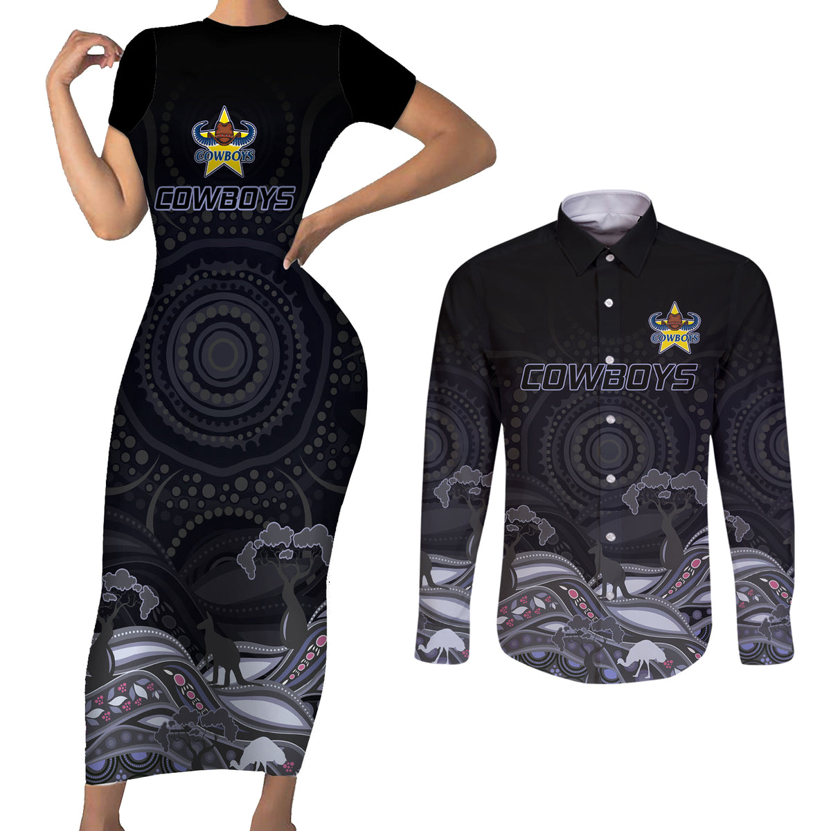 custom-cowboys-rugby-couples-matching-short-sleeve-bodycon-dress-and-long-sleeve-button-shirt-the-starry-night-indigenous