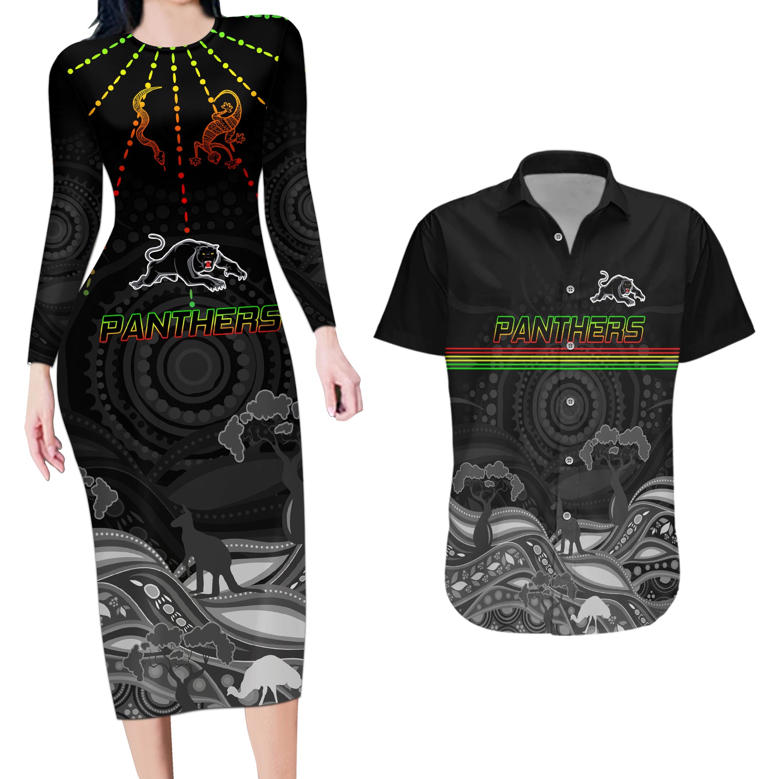 custom-panthers-rugby-couples-matching-long-sleeve-bodycon-dress-and-hawaiian-shirt-the-starry-night-indigenous