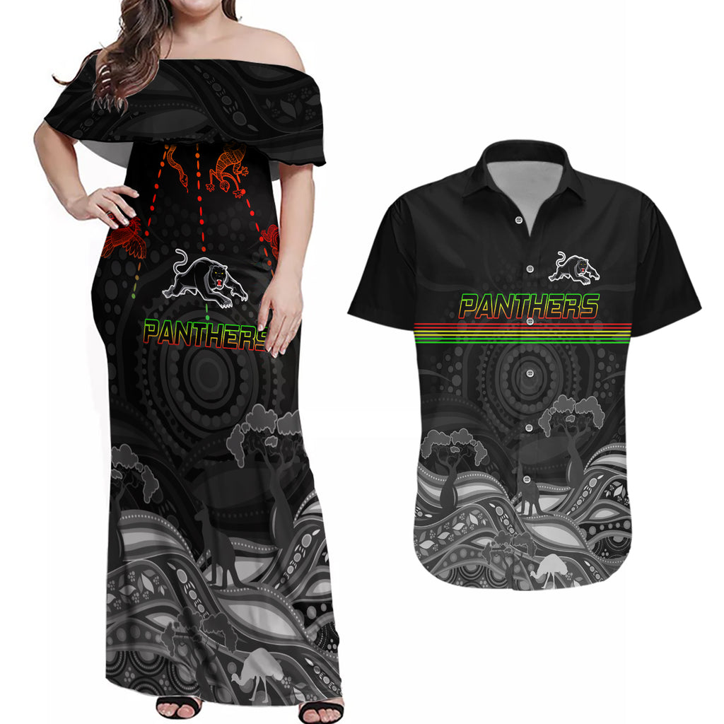 custom-panthers-rugby-couples-matching-off-shoulder-maxi-dress-and-hawaiian-shirt-the-starry-night-indigenous