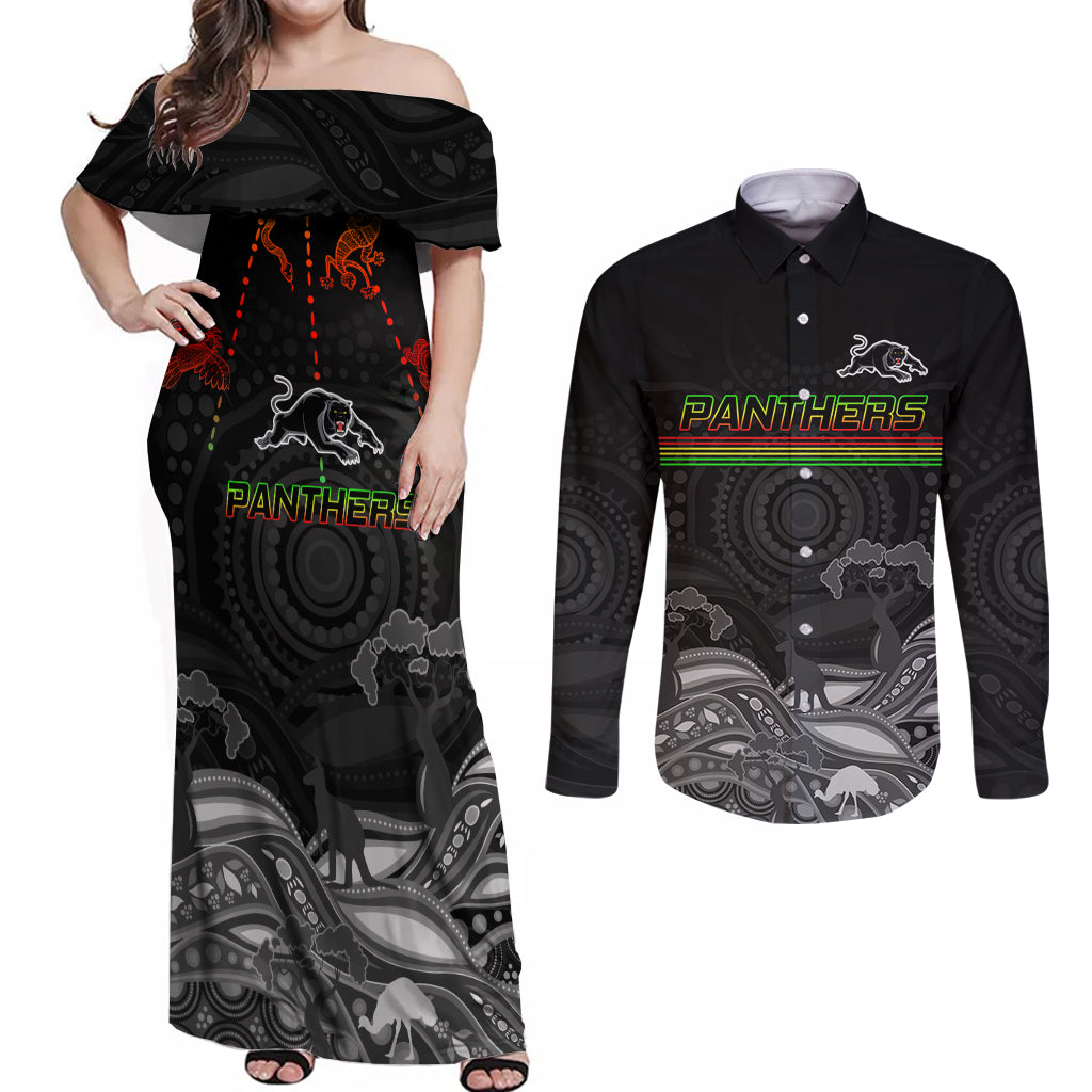 custom-panthers-rugby-couples-matching-off-shoulder-maxi-dress-and-long-sleeve-button-shirt-the-starry-night-indigenous