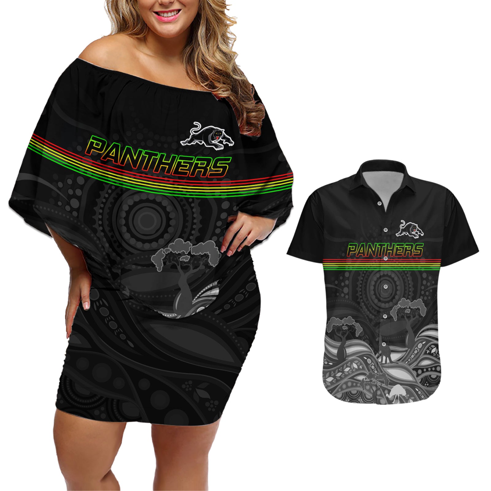 custom-panthers-rugby-couples-matching-off-shoulder-short-dress-and-hawaiian-shirt-the-starry-night-indigenous