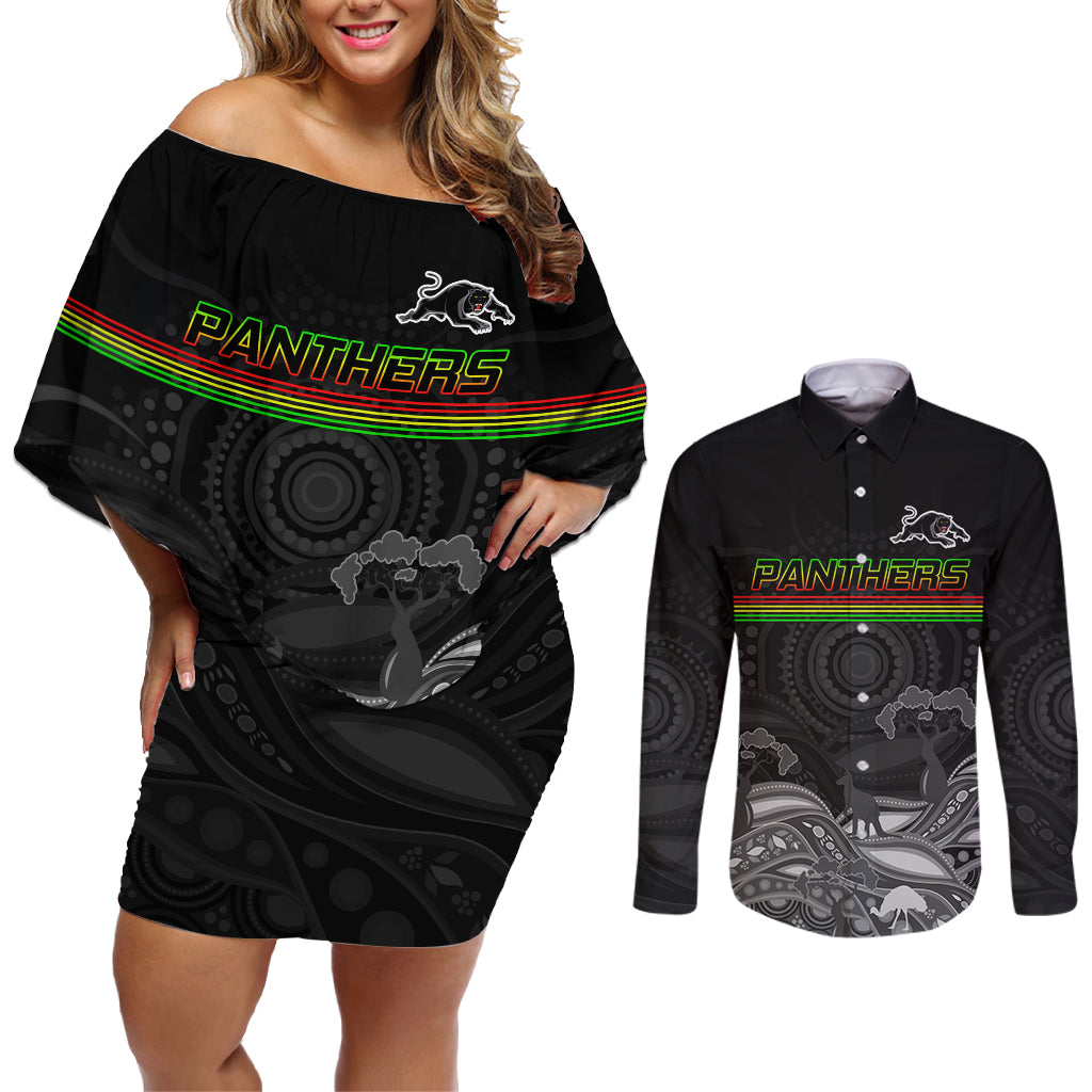 custom-panthers-rugby-couples-matching-off-shoulder-short-dress-and-long-sleeve-button-shirt-the-starry-night-indigenous
