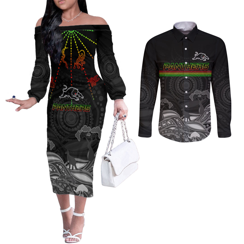 custom-panthers-rugby-couples-matching-off-the-shoulder-long-sleeve-dress-and-long-sleeve-button-shirt-the-starry-night-indigenous