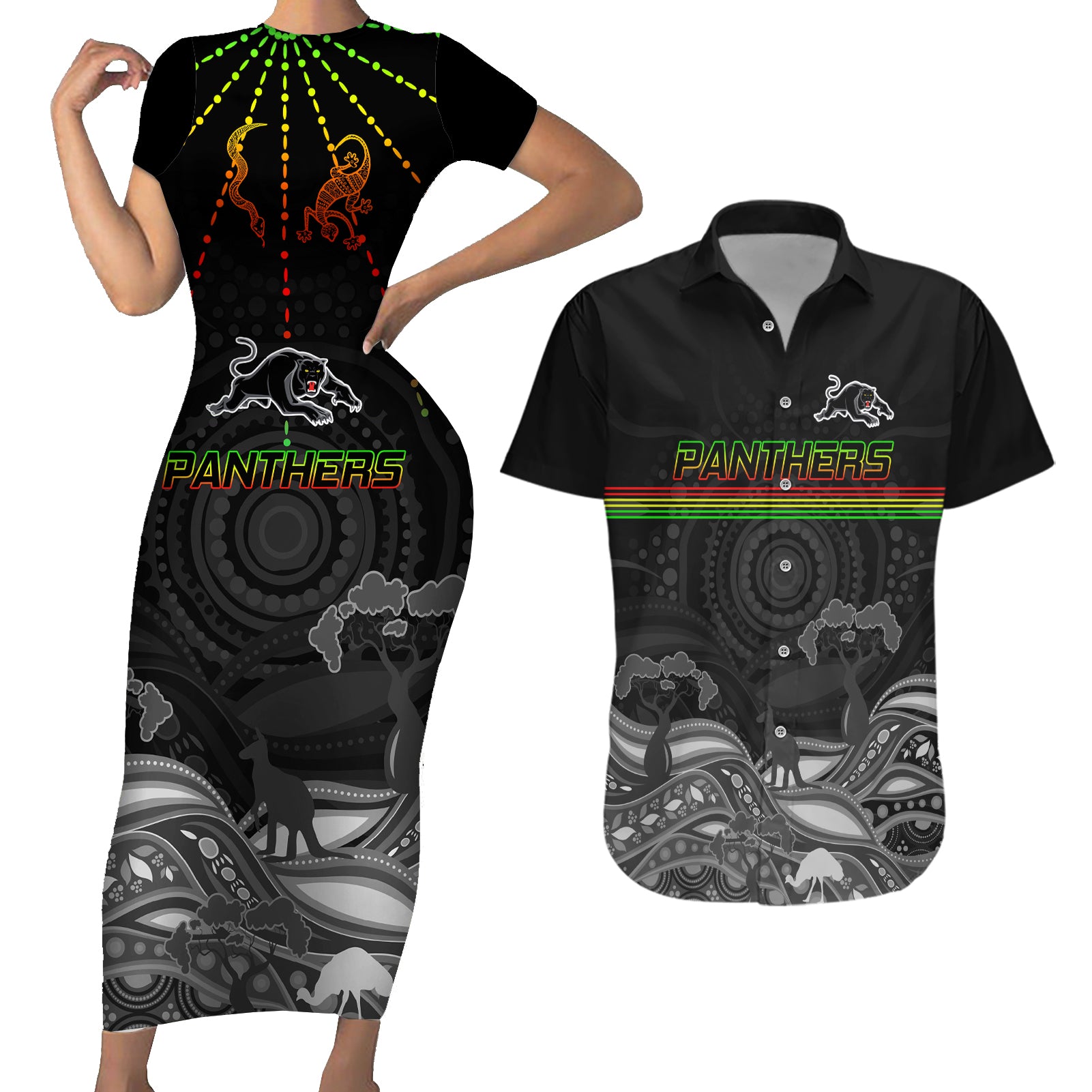 custom-panthers-rugby-couples-matching-short-sleeve-bodycon-dress-and-hawaiian-shirt-the-starry-night-indigenous