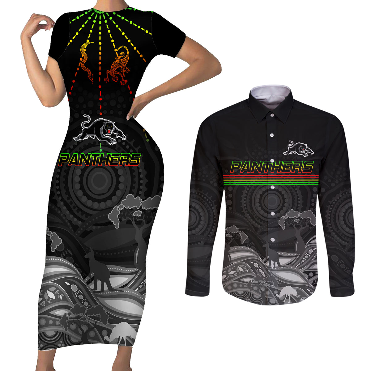 custom-panthers-rugby-couples-matching-short-sleeve-bodycon-dress-and-long-sleeve-button-shirt-the-starry-night-indigenous
