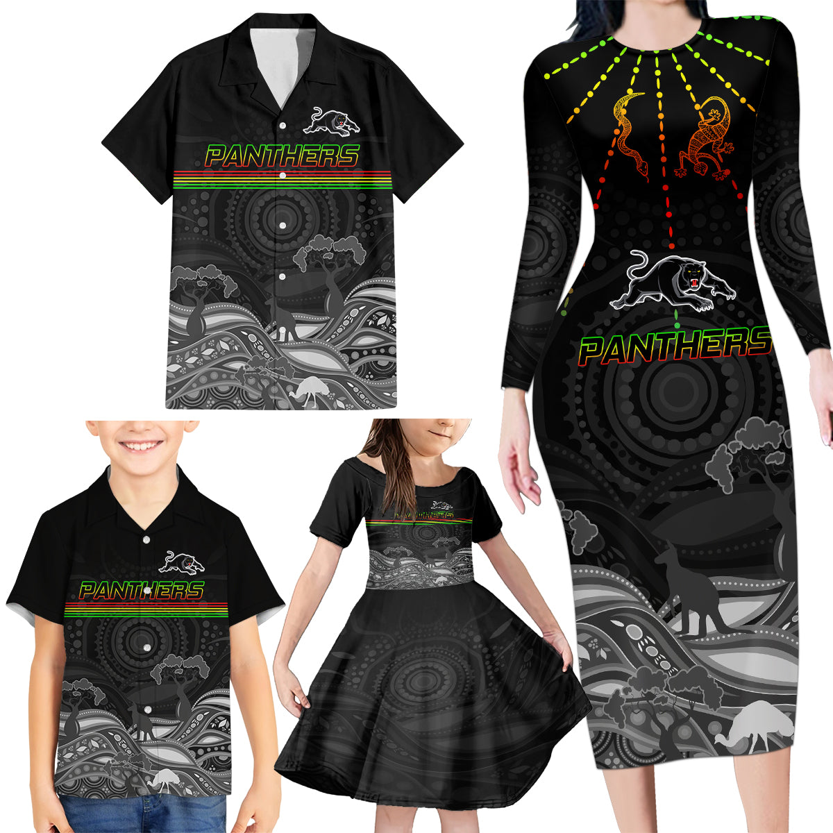custom-panthers-rugby-family-matching-long-sleeve-bodycon-dress-and-hawaiian-shirt-the-starry-night-indigenous