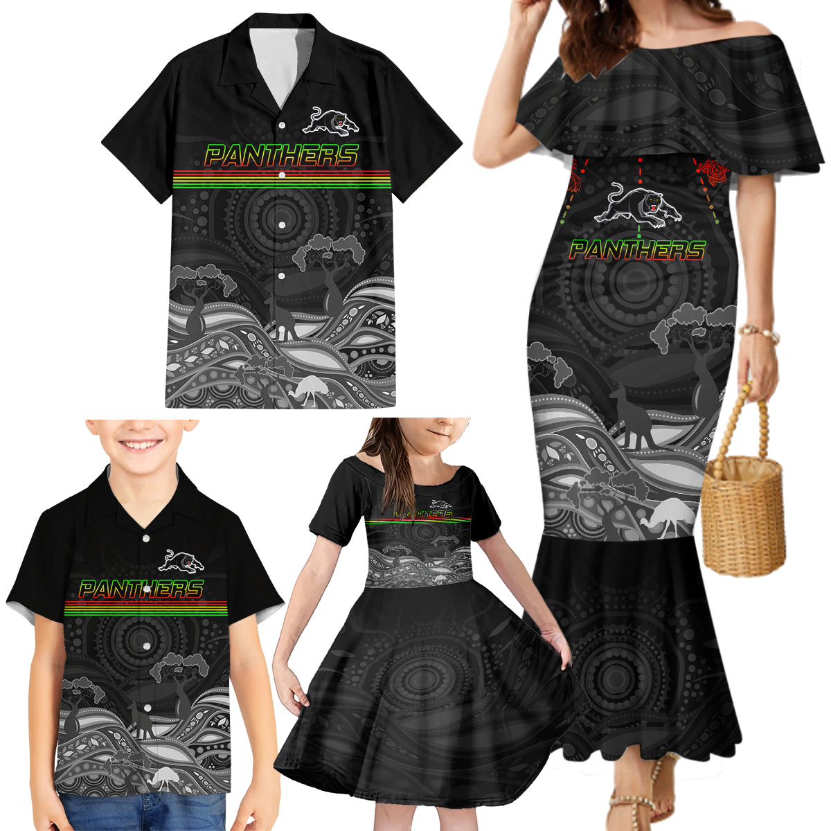 custom-panthers-rugby-family-matching-mermaid-dress-and-hawaiian-shirt-the-starry-night-indigenous