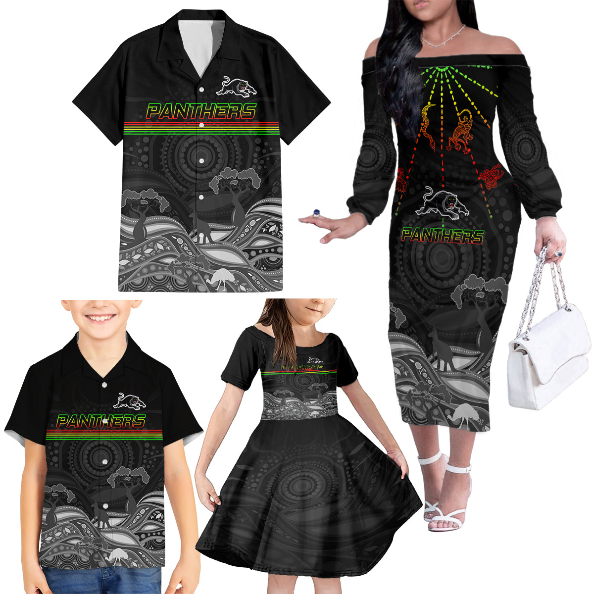 custom-panthers-rugby-family-matching-off-shoulder-long-sleeve-dress-and-hawaiian-shirt-the-starry-night-indigenous