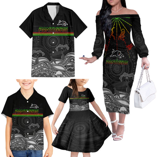 custom-panthers-rugby-family-matching-off-shoulder-long-sleeve-dress-and-hawaiian-shirt-the-starry-night-indigenous