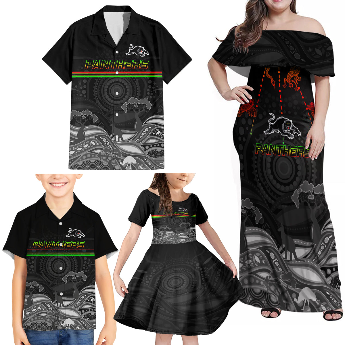 custom-panthers-rugby-family-matching-off-shoulder-maxi-dress-and-hawaiian-shirt-the-starry-night-indigenous
