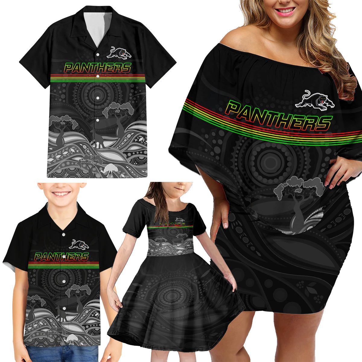 custom-panthers-rugby-family-matching-off-shoulder-short-dress-and-hawaiian-shirt-the-starry-night-indigenous