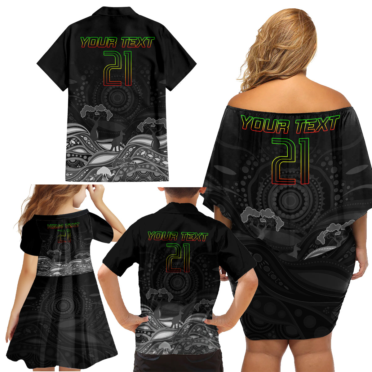 custom-panthers-rugby-family-matching-off-shoulder-short-dress-and-hawaiian-shirt-the-starry-night-indigenous