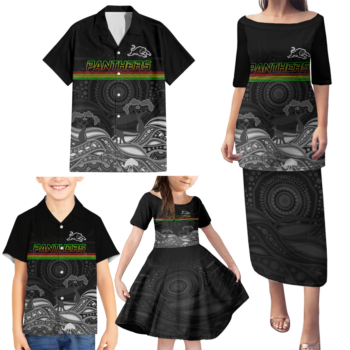 custom-panthers-rugby-family-matching-puletasi-dress-and-hawaiian-shirt-the-starry-night-indigenous