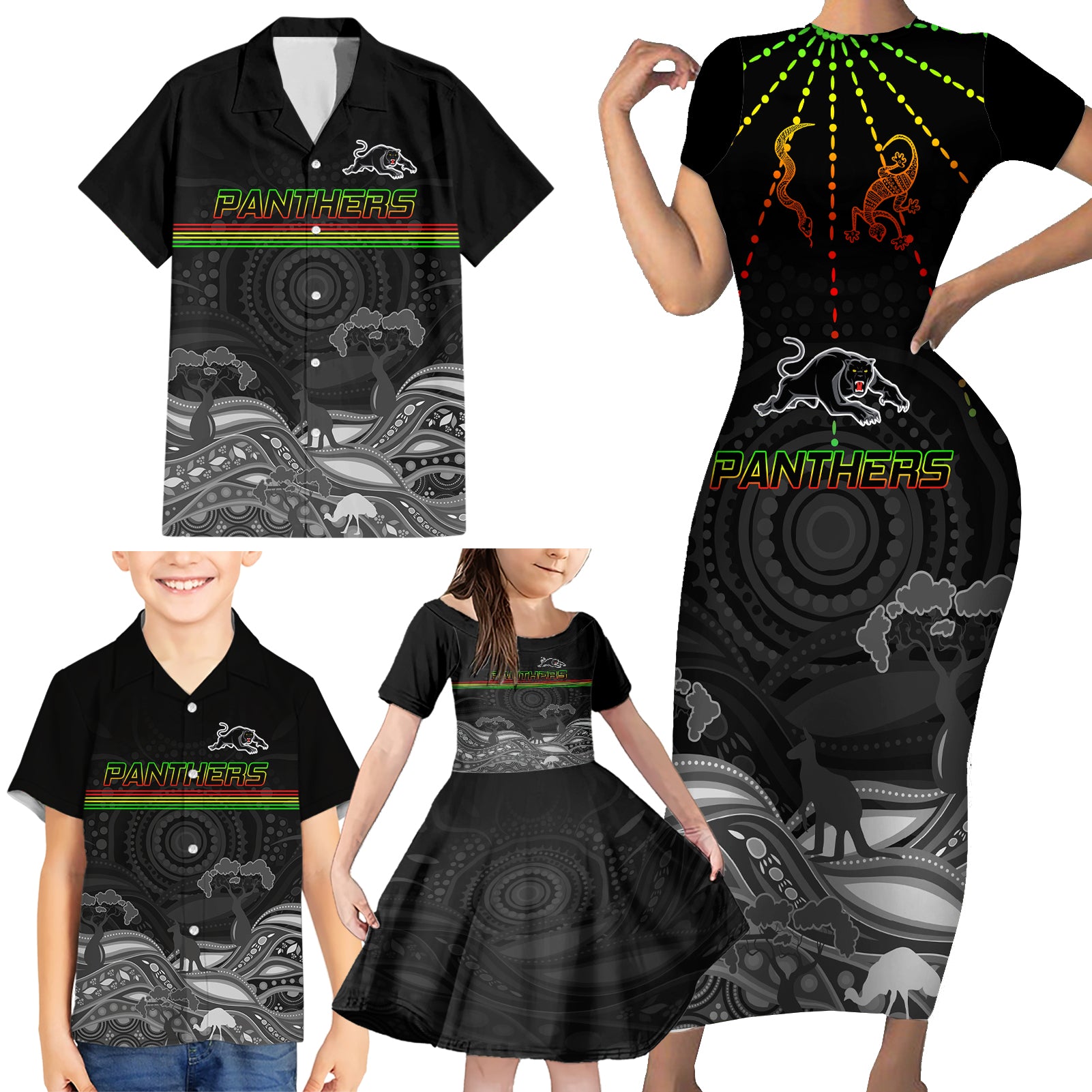 custom-panthers-rugby-family-matching-short-sleeve-bodycon-dress-and-hawaiian-shirt-the-starry-night-indigenous