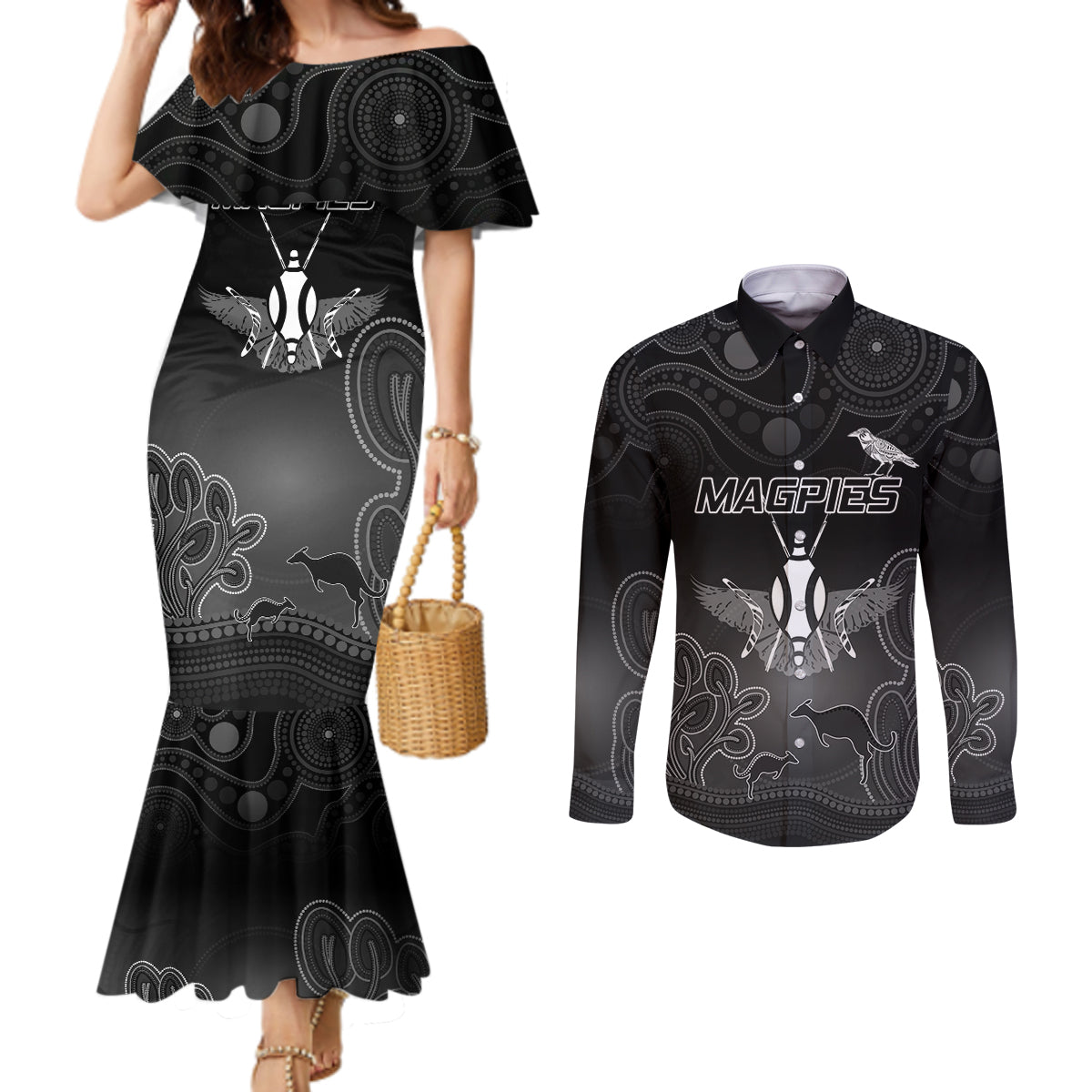 collingwood-football-couples-matching-mermaid-dress-and-long-sleeve-button-shirt-magpies-the-starry-night-indigenous