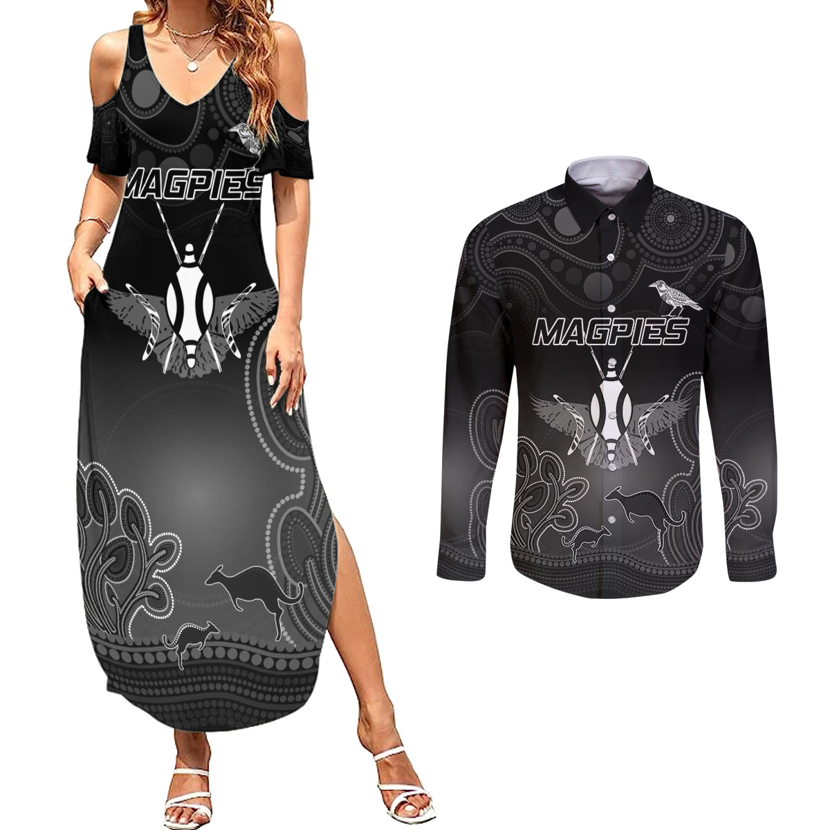 collingwood-football-couples-matching-summer-maxi-dress-and-long-sleeve-button-shirt-magpies-the-starry-night-indigenous
