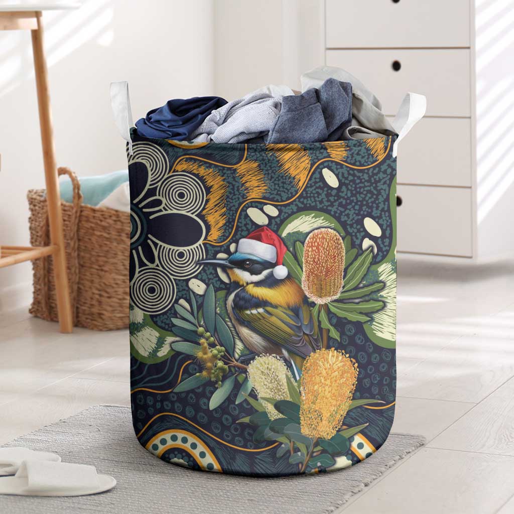Aussie Honeyeaters Banksia Christmas Laundry Basket Aboriginal Dots Painting Blue Motif - Aussie Hoodie
