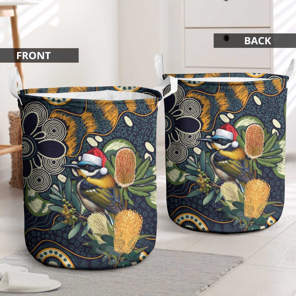 Aussie Honeyeaters Banksia Christmas Laundry Basket Aboriginal Dots Painting Blue Motif - Aussie Hoodie