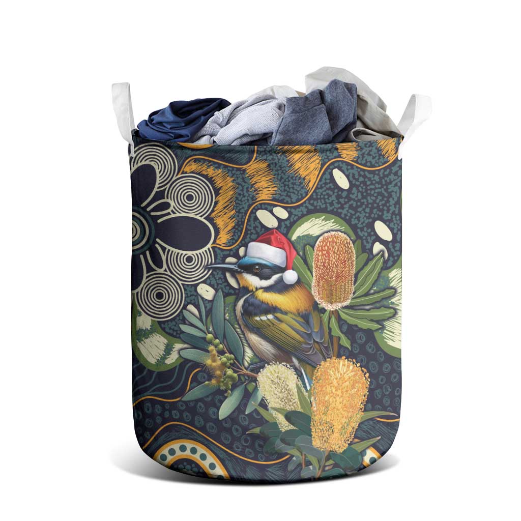 Aussie Honeyeaters Banksia Christmas Laundry Basket Aboriginal Dots Painting Blue Motif - Aussie Hoodie